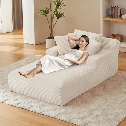 80 Inch Oversized Chaise Lounge Chair IndoorBoneless Corduroy Sofa Bed with Spring CushionDeep Seat Cloud Couch and Reading LoungerSoft Sleeper Sofa for Living RoomNo Assembly Required (White)