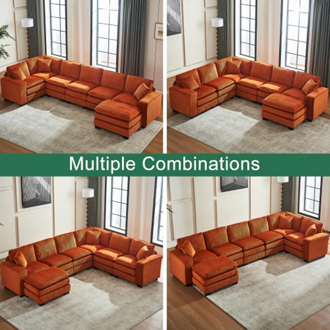 Modern U Shaped 6-seat Sectional Sofa Couch with one Ottoman and Three toss PillowsModular Sofa for Living RoomCorduroy (OrangeCorduroy-7 Seat)