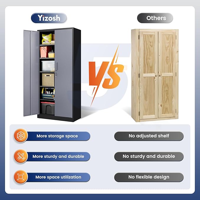 Yizosh Metal Storage Cabinet with Locking Doors and 5 Adjustable Shelves 72 Garage Storage Cabinet Steel Lockable for OfficeHomeGarage