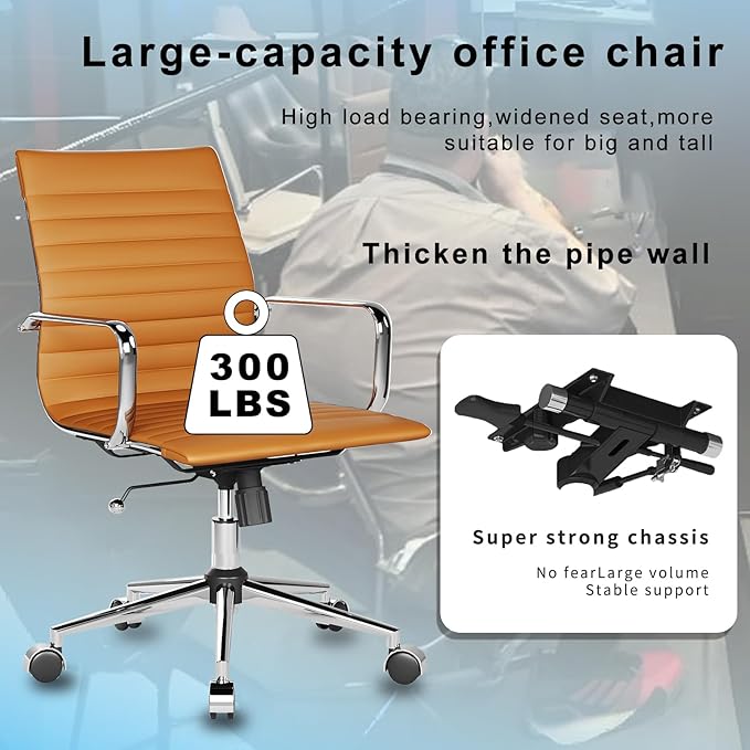 Ergonomic Office Chair with Lumbar Support Adjustable Swivel Mid Back Desk Chair PU Leather Computer Task Chair for Home Office 360° Rolling Terracotta