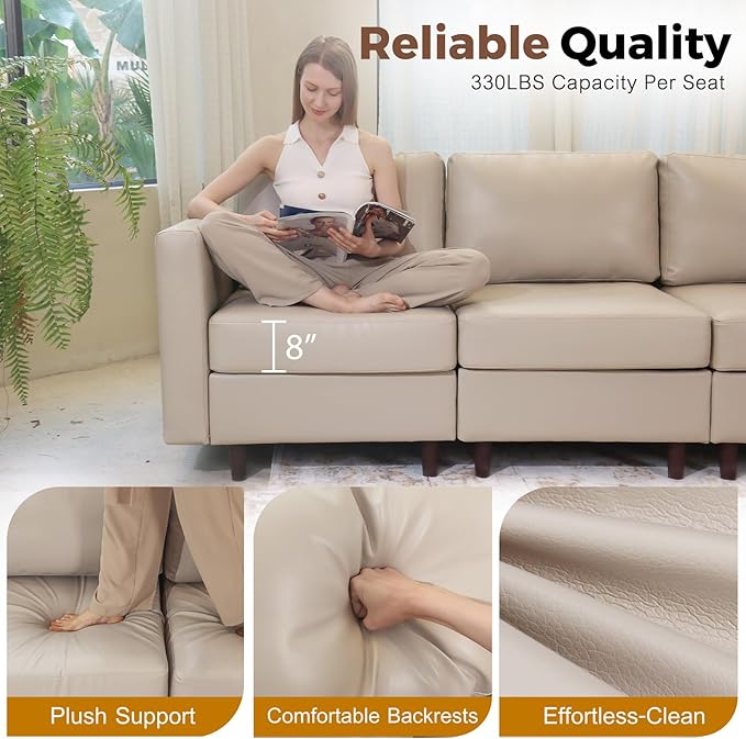 ABCASA 118.5 Oversized Modular Sectional Sofa Faux Leather 6 Seater U Shaped Couch with Movable Ottoman and Storage Seat with Reversible Chaise Deep Seat for Living Room Whitesand