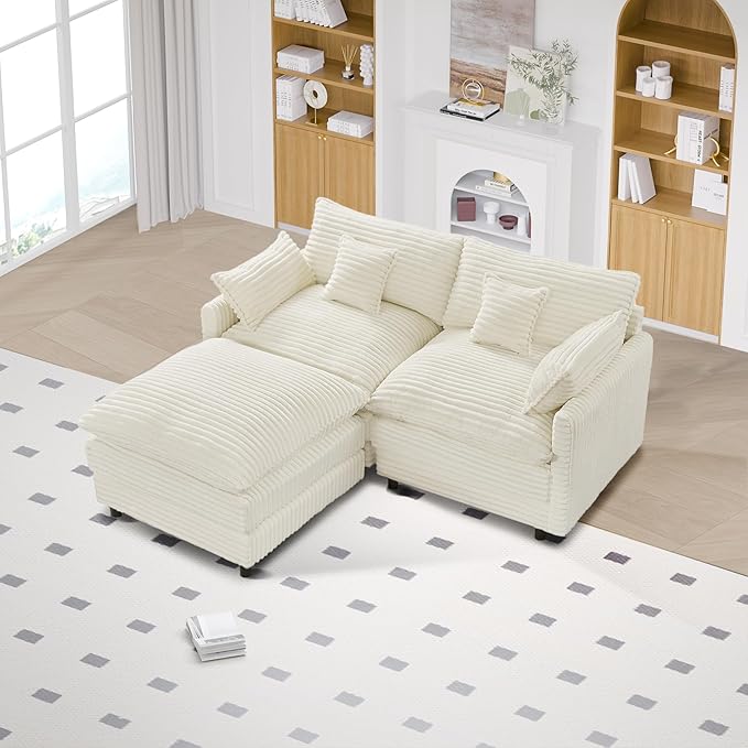 74 Cloud Couch Small Modern Modular Sectional Sofa with Ottoman &amp 4 Throw Pillows L-Shaped 3-Seater Deep Seat Corduroy Sofa Comfy Couch for Living Room Apartment Bedroom Office Beige