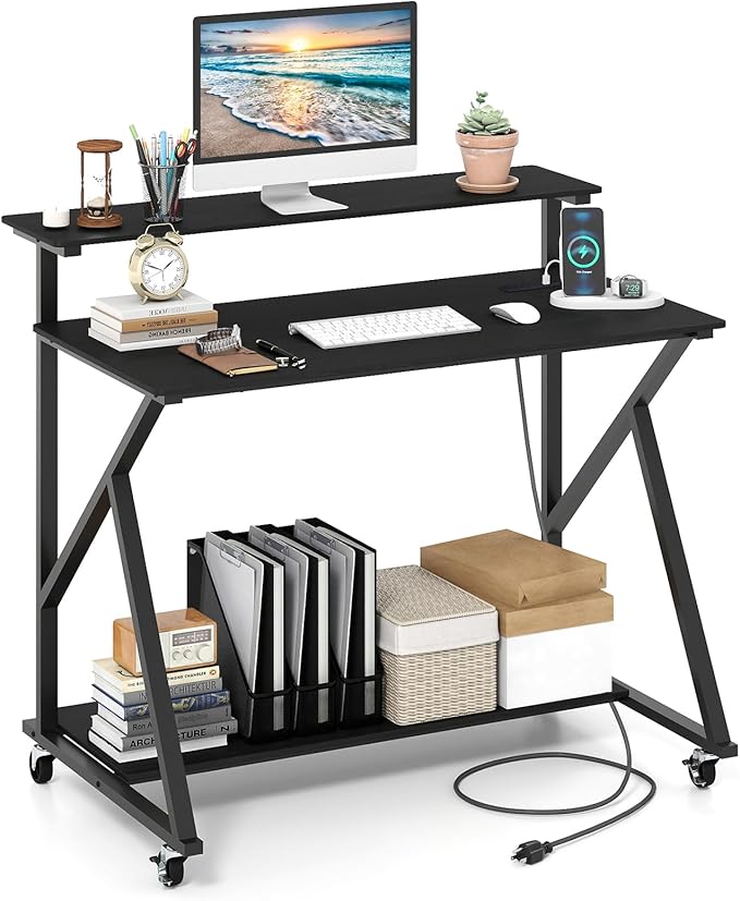 Giantex Rolling Computer Desk with Charging Station Mobile Portable Laptop Desk with Monitor Stand &amp Storage Shelf Small Desk with Lockable Wheels for Small Spaces Home Office (Black)