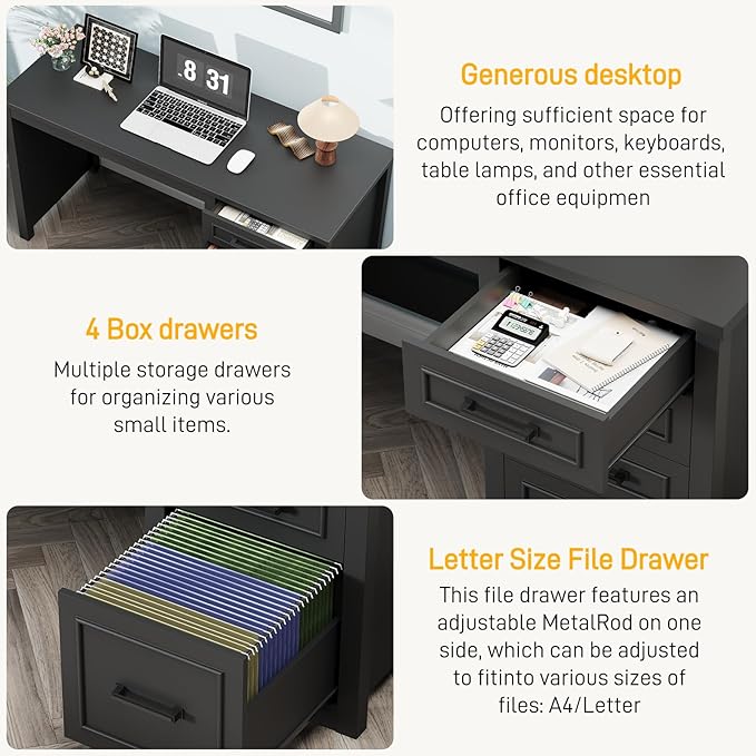 Vabches Farmhouse 49” Executive Desk with File Drawer 4 Drawers Reversible Computer Desk with Storage Rustic Home Writing Workstation for Home Office.Black