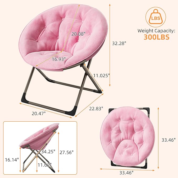 IDEALHOUSE Comfy Folding Padded Saucer Chair Folding Circle Chair with Metal Frame Soft Moon Chair for Bedroom Dorm Rooms Apartments Lounging Garden and Courtyard Pink