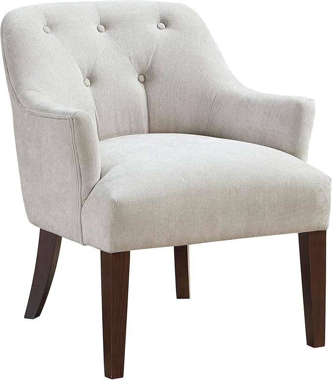 Lexicon Modern Accent Chair Textured Fabric Upholstered Arm Chair with Button Tufted Back Sloped Flared Arms and Wooden Legs for Living Room/Bedroom Oyster