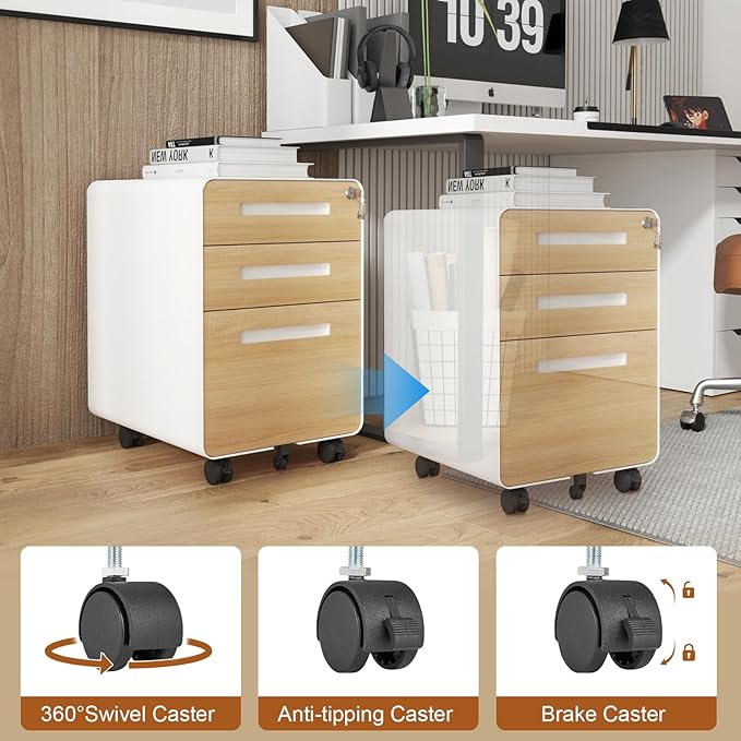 3 Drawer Mobile File Cabinet with Lock Under Desk Metal Filing Cabinet for Home Office Assembled Removable Under Desk Storage with Wheels for A4-Size/Letter-Size/Legal-Size (Wood Grain)