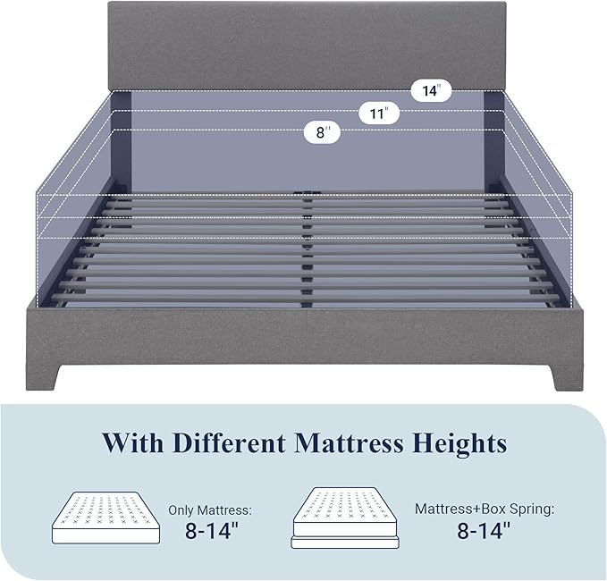 Allewie Queen Bed Frame with Upholstered Adjustable Headboard Platform Bed with Wood Slats Heavy Duty Mattress Foundation No Box Spring Needed Easy Assembly Light Grey