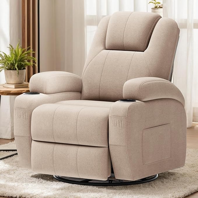 Flamaker Swivel Rocker Recliner Chair with Vibration Massage 360° Swivel Recliner Chairs for Adults Ergonomic Lounge Chair with Cup Holders Lazy Boy Recliner Single Sofa Seat (Fabric Khaki)