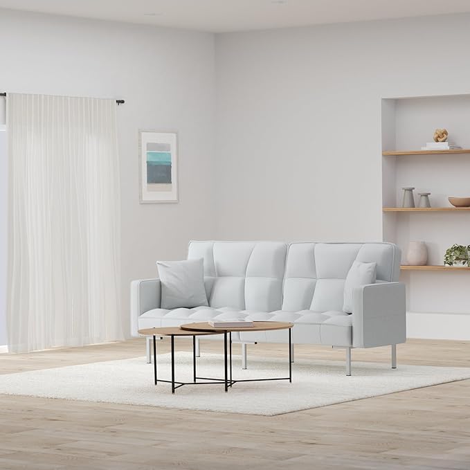 Best Choice Products Convertible Linen Fabric Tufted Split-Back Plush Futon Sofa Furniture for Living Room Apartment Bonus Room Overnight Guests w/ 2 Pillows Wood Frame Metal Legs - Light Gray