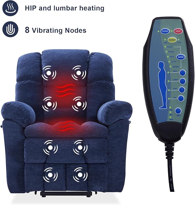 Triple Motor Power Lift Recliner Chair with Massage and Dual Heat for Elderly People Zero Gravity Lay Flat Recliner Infinite Position USB Ports（Navy Blue）