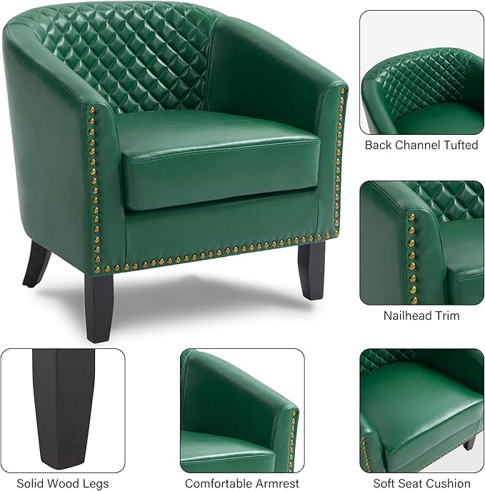Pia Ricco Faux Leather Barrel Chairs Set of 2 Modern Comfy Accent Chairs Upholstered Armchair Club Chairs with Nailhead Trim Single Sofa Barrel Chair for Living Room Reading Room Green