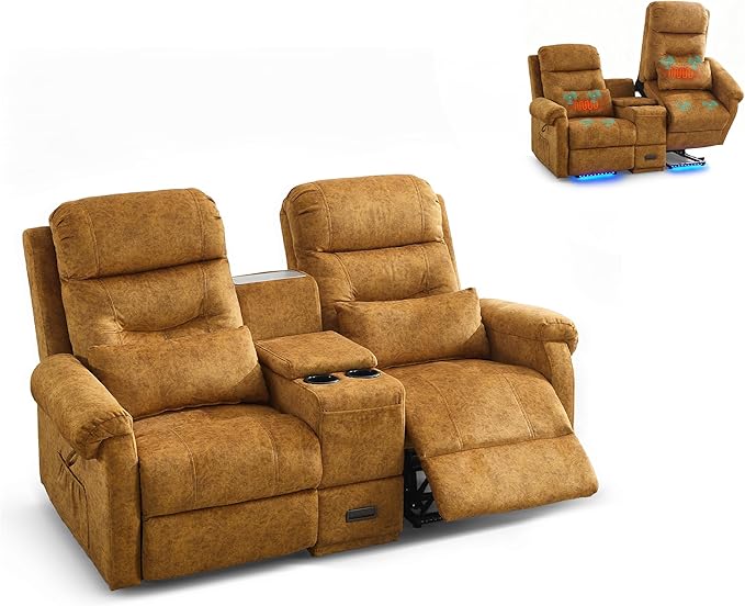 Power Lift Recliner Loveseat Sofa for Elderly Dual Motor Electric Recliner with Massage &amp Heat 2-Seater Velvet Couch with Independent Control Console Cup Holder &amp Power Outlet (Yellow 69”