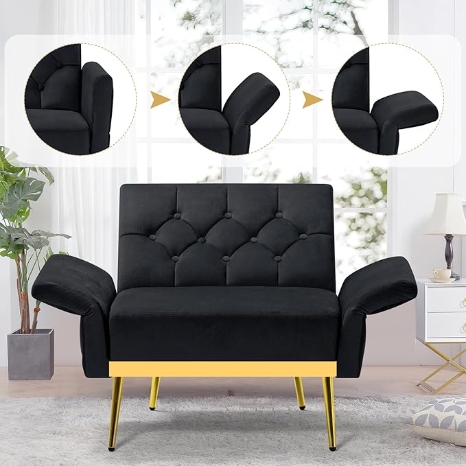 Velvet Accent Chair w/Adjustable Armrests and Backrests Tufted Single Sofa with Ottoman Upholstered Reading Chiar for Living Room Apartment Bedroom Black