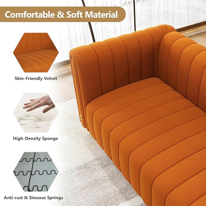81.3'' Orange Velvet Modern Mid Century Deep Seat Sofa Oversized 3-Seater Loveseat Comfy Couch for Living Room and Apartment Furniture