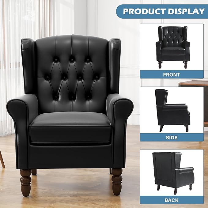 UIXE Faux Leather Accent Chairs Set of 2 High Back Upholstered Armchair for Living Room Wingback Chair Comfy Single Sofa Bedroom Reading Seat with Solid Wood Legs - Black