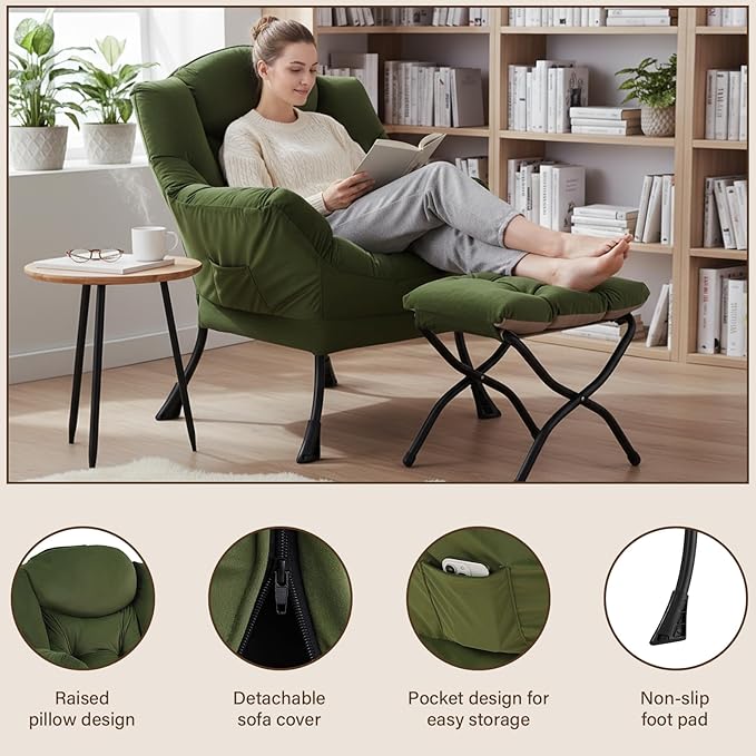 Welnow Lazy Chair with Ottoman Modern Reading Accent Chair with Armrests and a Side Pocket Leisure Upholstered Lazy Sofa Set with Footrest for Small Space Army Green