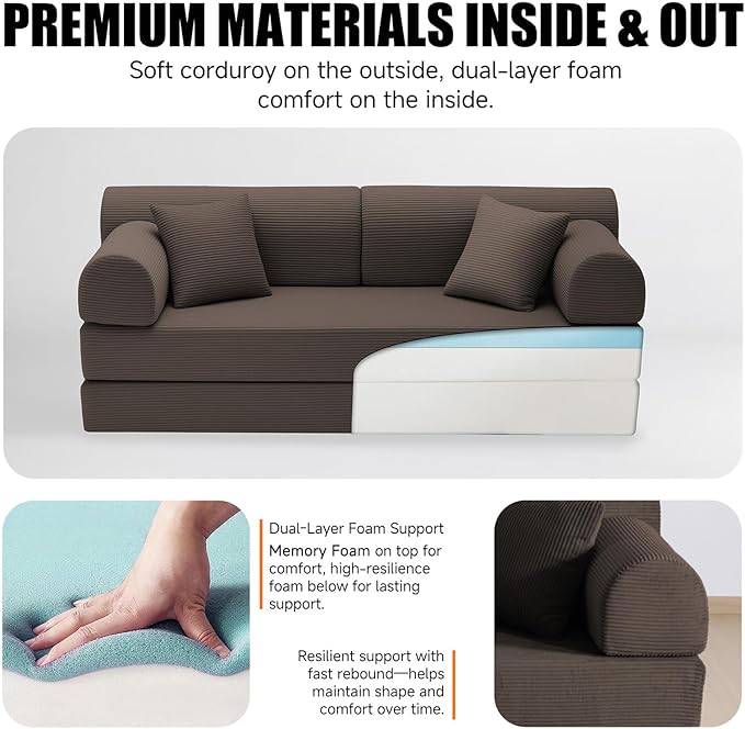78.8 Boneless Memory Foam Couch Corduroy Convertible Floor Sofa Bed Fold-Out Sleeper Futon Loveseat Wide Armrests &amp Supportive Back 1200 lb Couch in a Box 2 Pillows Brown