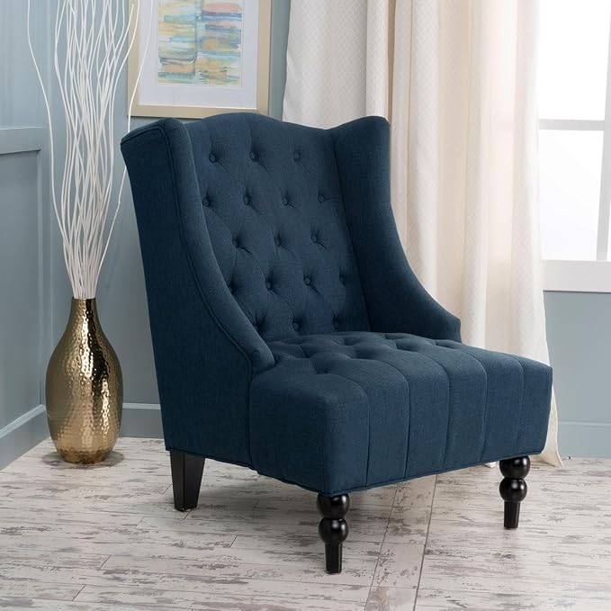 High-Back Velvet Wingback Chair Navy Blue Accent Chair with Button-Tufted Design &amp Birch Wood Legs 27.5”W x 33.75”D Upholstered Club Chair for Living Room Victorian (Linen Navy Blue)