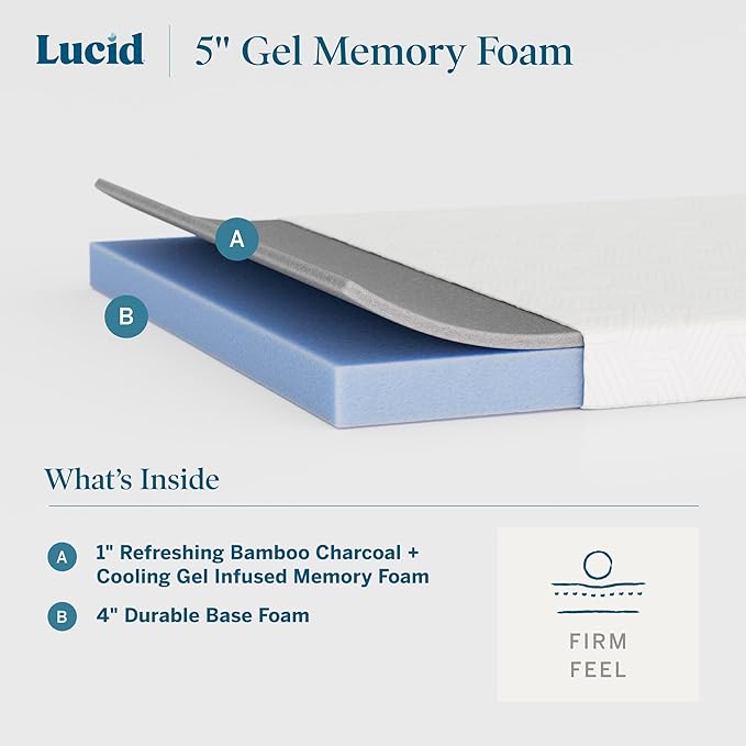 Lucid 5 Inch Gel Memory Foam Mattress - Firm Feel - Gel Infusion - Memory Foam Infused with Bamboo Charcoal - Breathable Cover - Short Queen