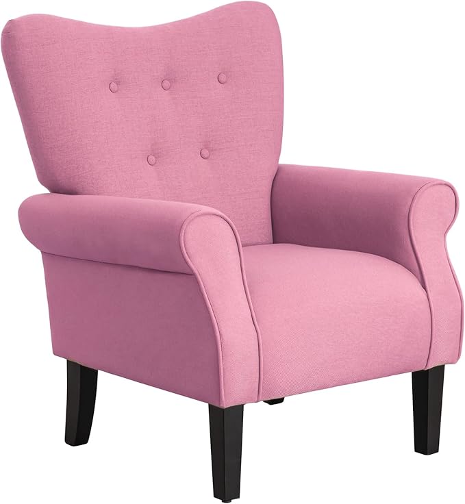 MELLCOM Mid Century Wingback Arm ChairModern Upholstered Fabric High Back Accent Chair with Wood LegsUpholstered Single Sofa Club Chair for Living Room Bedroom Home Office Light Pink