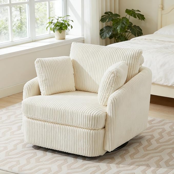 Chifee &amp Vingol 40.6 Oversized Swivel Accent ChairCorduroyIvory