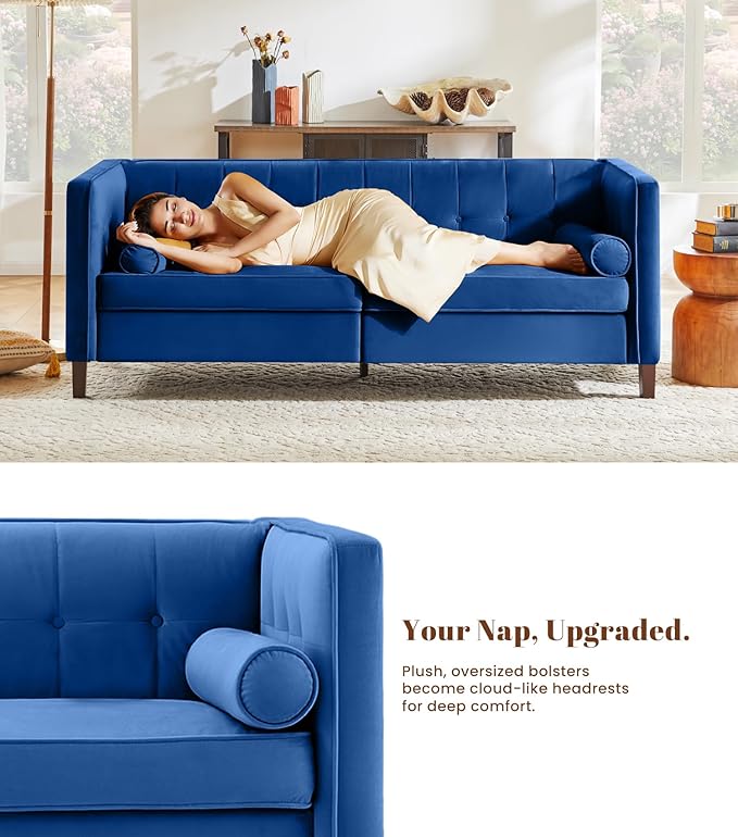 Kingfun 78 Couch for Living Room Mid Century Modern Sofa Velvet Loveseats with Bolster Pillows Home Sofa for Bedroom Blue