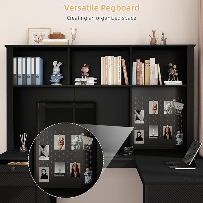 L Shaped Desk with Hutch Drawer Modern Computer Desk with USB Ports &amp Power Outlets Wood Corner Computer Desks with Storage Shelves for Home Office Black