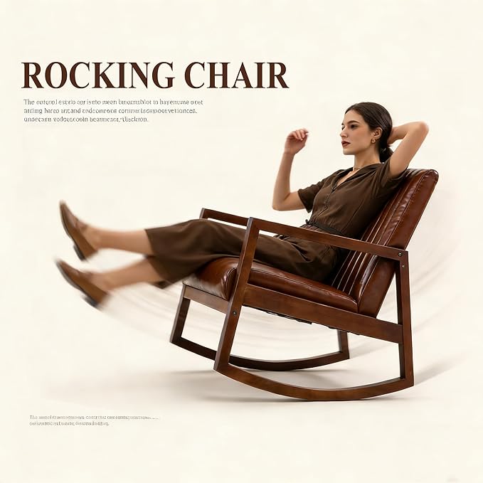 VESCASA Upholstered Rocking Chairs with Channel-Tufted Back Mid-Century Modern Comfy Oil Wax PU Leather Rockers with Black Walnut Wood Frame for Nursery Living Bedroom Indoor Set of 2 Brown