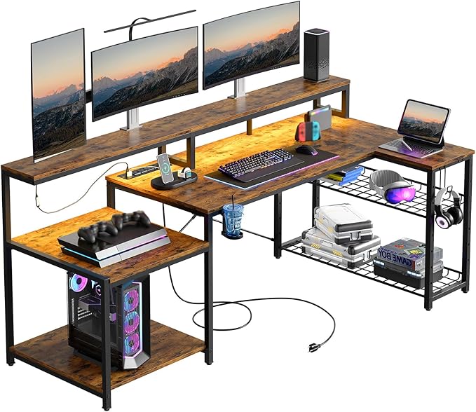 Bestier 71.5 inch Computer Desk with Power Outlets LED Large Home Office Desk with Monitor Stand L Shaped Corner Desk with Printer Stand Adjustable Shelf Cup Holder &amp Headset Hooks Brown