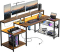 Bestier 71.5 inch Computer Desk with Power Outlets LED Large Home Office Desk with Monitor Stand L Shaped Corner Desk with Printer Stand Adjustable Shelf Cup Holder &amp Headset Hooks Brown
