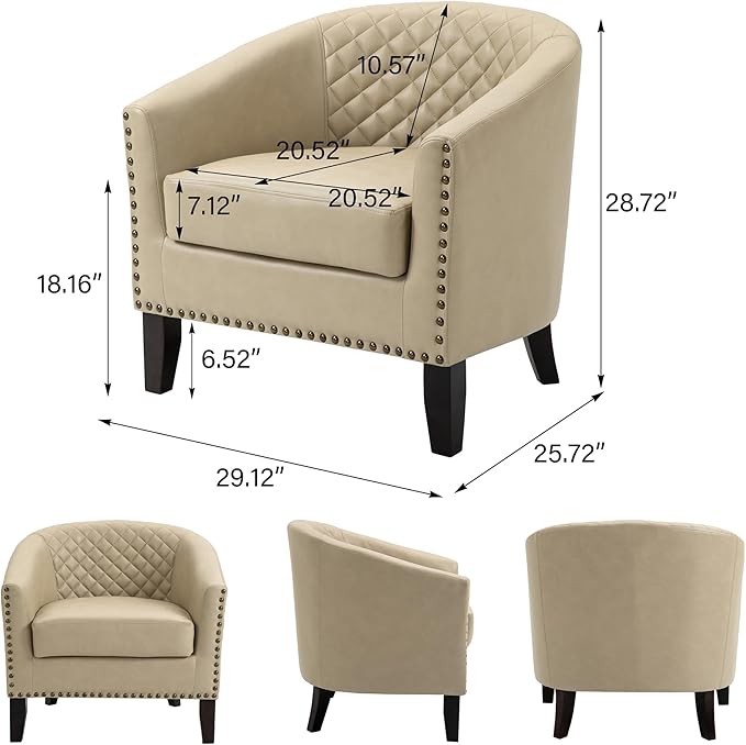 Accent Barrel Chair Upholstered Faux Leather Club Chair with Nailed Trim Comfy Reading Armchair for Living Room Bedroom Reception Room Office (Beige Set of 2)