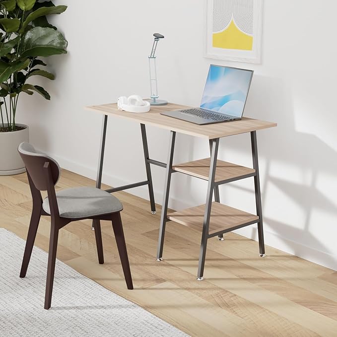 VECELO 43 Inch Computer Desk Writing Study Work Office Table Modern Desk with Shelves Wooden Desk for Home BedroomOak Desk