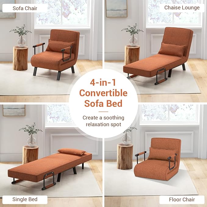 HOMGX 4-in-1 Convertible Sofa Chair Bed Leisure Recliner Sleeper w/ 6 Adjustable Position Backrest Lounge Seat Folding Sofa Bed w/High Elastic Sponge Ideal for Home Office (Coffee)