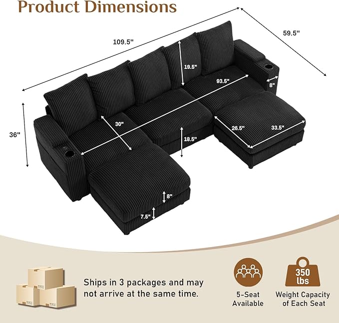 110 Oversized Cloud Couch U Shaped Modular Sectional Sofa L Shaped Sectional Couches for Living Room Comfy Corduroy Cloud Sofa with Ottoman USB Port Cup Holder Armrest Storage Side Pocket Black