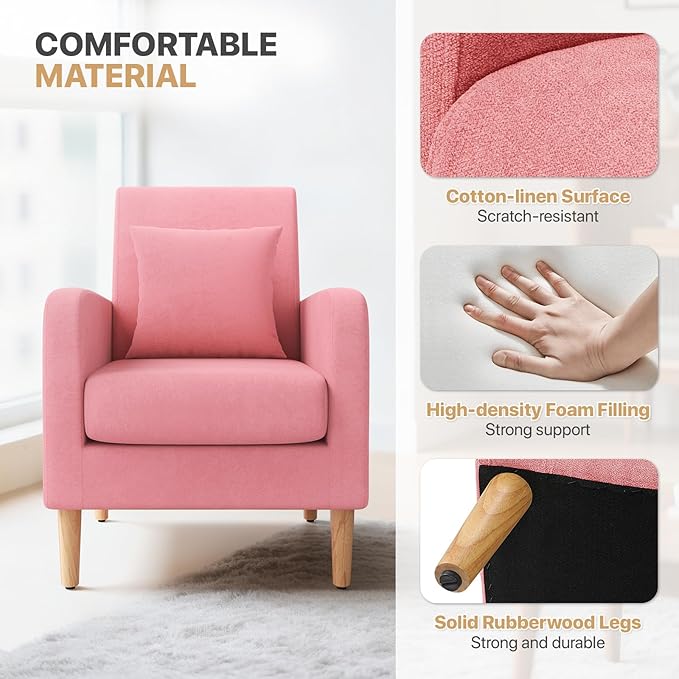 Magshion Mid-Century Accent Chair for Living Room Comfy Reading Chair for Bedroom Upholstered Linen Fabric Armchair Single Sofa with Back Pillow &amp Wood Legs 300 lbs Capacity Pink