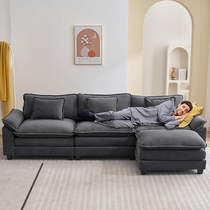 L Shape Sofa Comfy Sectional Cloud Couch for Living Room with Pillows Modern Velvet Sofa Sleeper Deep Couches with Ottoman (Grey 4-Seat)