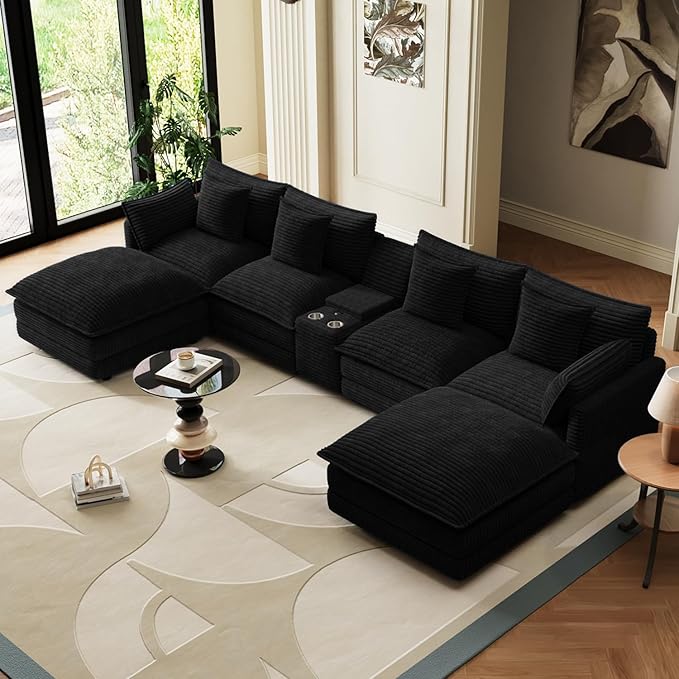 143 Oversized Modular Sectional Sofa U Shaped Cloud Couch 6 Seat Sofa Set for Living Room Comfy Corduroy Deep Seat with Storage Central Console Movable Ottomans USB Ports Cup Holders Black