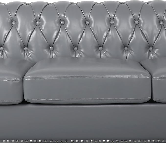 RARZOE Modern 3 Seater PU Chesterfield Sofa Upholstered Tufted Button Leather Chesterfield Couch Classic Faux Leather Settee with Nailhead Trim Scroll Arms for Living Room Bedroom(Grey)