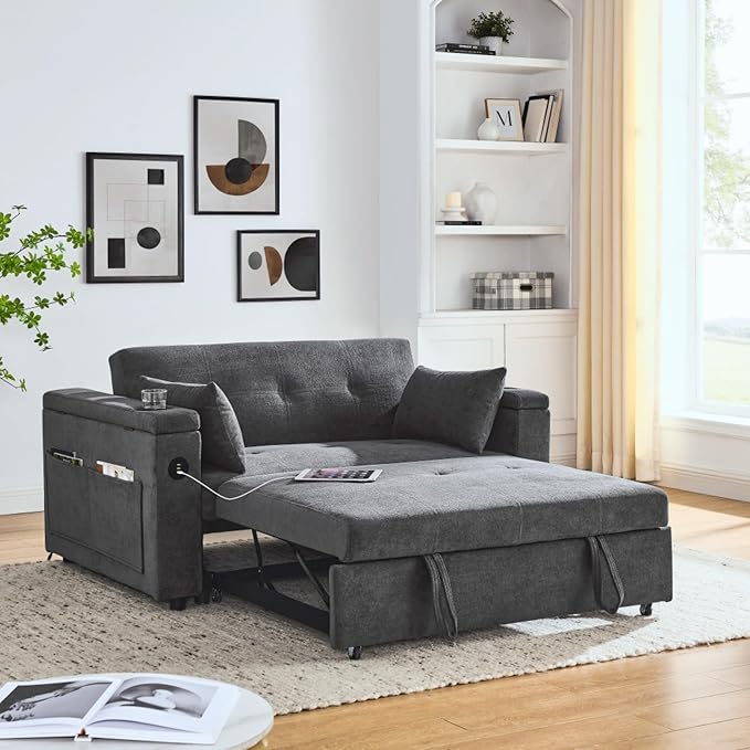Convertible Sleeper Sofa Bed Pull-Out Recliner Couch with Adjustable Backrest Storage Armrests Side Pockets Cup Holders USB Charging Ports Chenille Loveseat for Living Room Use (Grey)