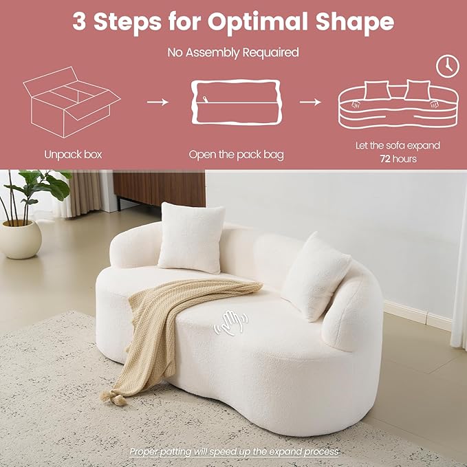 72” Curved Loveseat Sofa Modern Teddy Boneless Couch with 2 Pillows for Small Spaces Living Room Bedroom No Assembly Required (Cream White)
