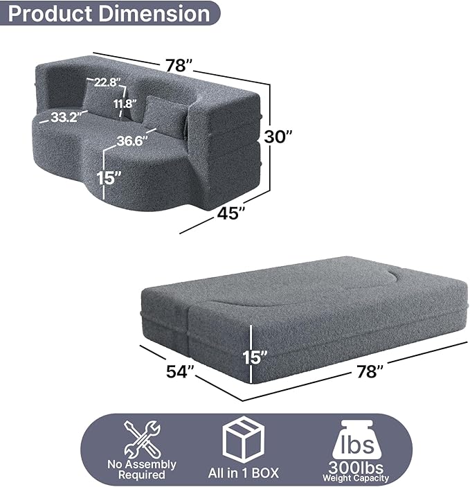 78 Inch Couch Queen Sleeper Sofa Bed Loveseat Cloud Convertible Folding Teddy Full Size Boneless Sofabed for Living Room Guestroom Lazy Lounge Floor Fold Out Sofa Bed No Assembly