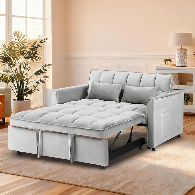 53'' Convertible Sleeper Sofa Bed Modern Velvet Fabric Adjustable Backrest Side Pocket and 2 Pillows 3-in-1 Pull Out Loveseat Couch for Living Room Bedroom Small Spaces Beige