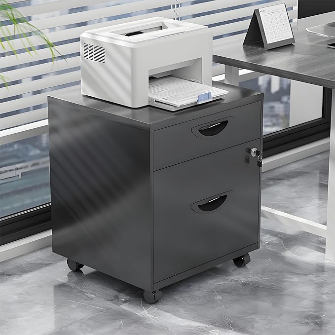 2 Drawer Under Desk File Cabinet Mobile File Cabinet with Lock Rolling Metal Pedestal Cabinet for Home Office Fits A4/Letter Size Files (Fully Assembled - Black)