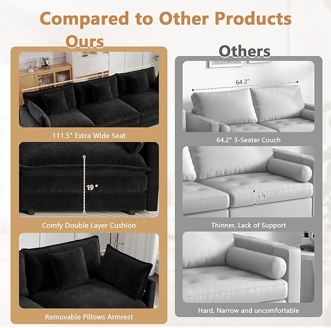 Setawix Modern Modular Sectional Sofa 111.5 Upholstered Chenille 3-Seater with 2 Movable Ottomans Comfy U-Shaped Sofa Oversized Deep Seat Cloud Couch with 5 Pillows for Living Room Black
