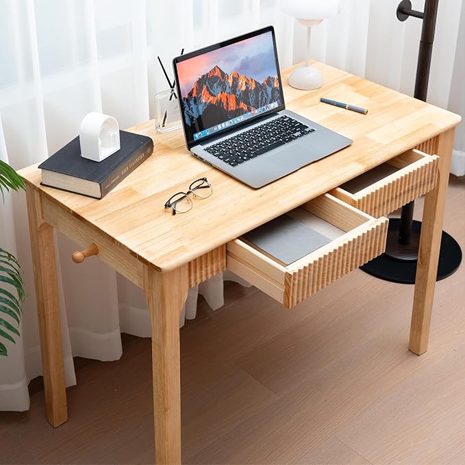 39.4'' Solid Wood Desk with Drawers Mid Century Modern Home Office Desk Vintage Wooden Writing Desk with Storage and Hooks Dark Wood Computer Table for Bedroom Study (Natural)