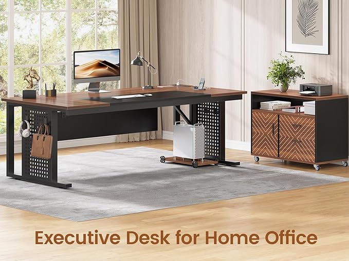 SEDETA 71 Executive Desk with Rolling File Cabinet Large Office Desk with Drawers L Shaped Computer Desk with Power Outlets CPU Stand Pegboard and Storage Shelves Brown