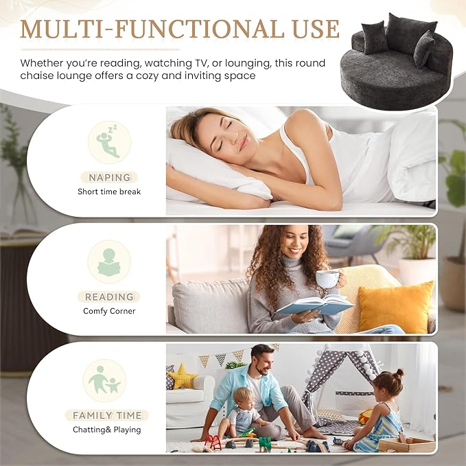 360° Oversized Swivel Chair Modern Circle Round Lounge Chair with Deep Seat Comfy Back Cushion &amp 2 Throw Pillows for Living Room Bedroom Office Black Chenille