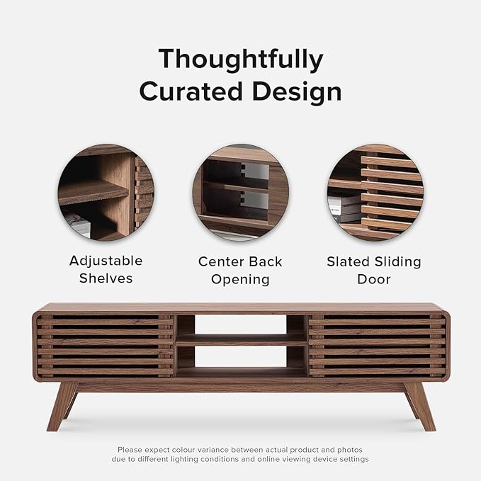 mopio Ensley 59 TV Stand with Slatted Door Mid Century Modern Entertainment Center for 55/60/65 inch TV Farmhouse Media Console with Storage Adjustable Shelves Round Edges Living Room (Walnut)