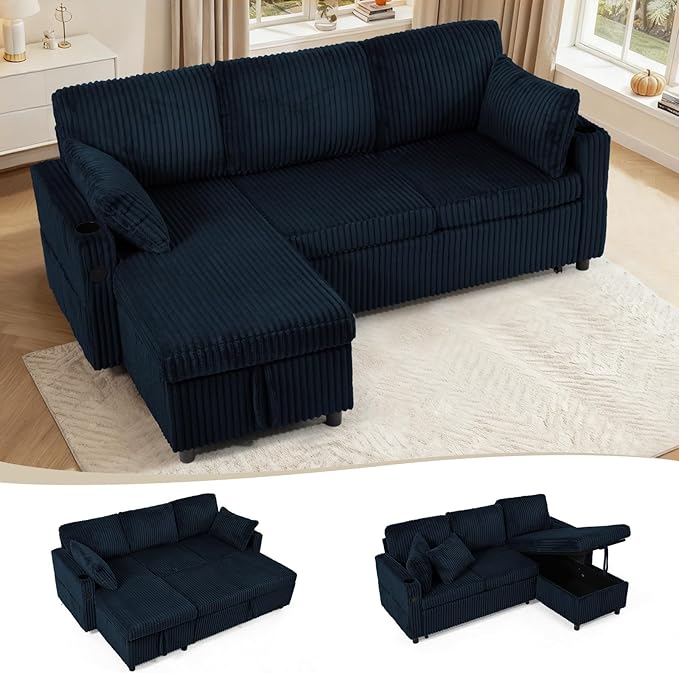 84 Corduroy Pull Out Sofa Bed w/Adjustable Backrests Sectional L-Shape Sleeper Sofa w/Storage Chaise Convertible Couch Bed w/USB Charging Port &amp Cup Holders for Living Room House Blue